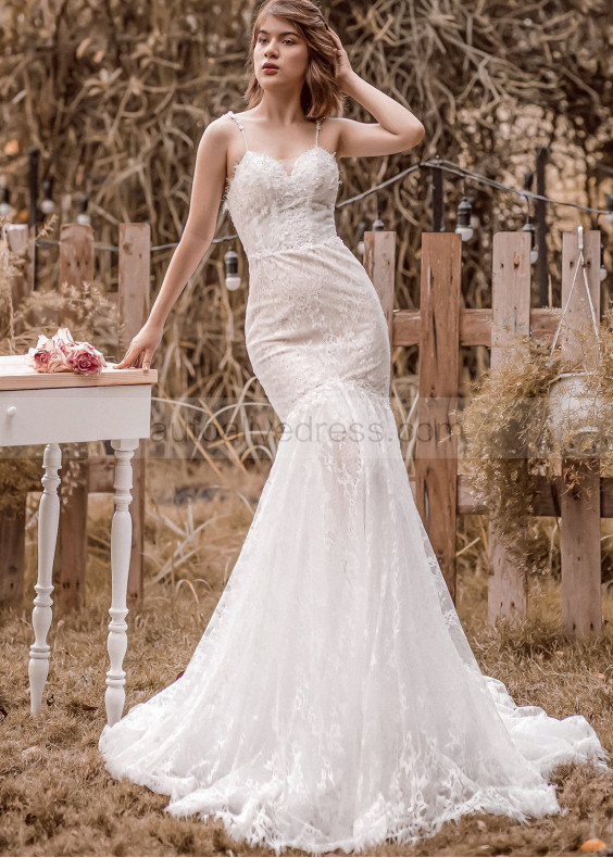 Beaded Spaghetti Straps Ivory Lace Elegant Wedding Dress